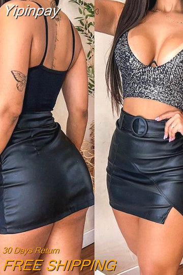 Yipinpay Piece Sets Womens Outifits 2023 New Sexy V-Neck Sequin Cami Top & Slit Pu Leather Skirt Set Party Clothing Skinny Night Out